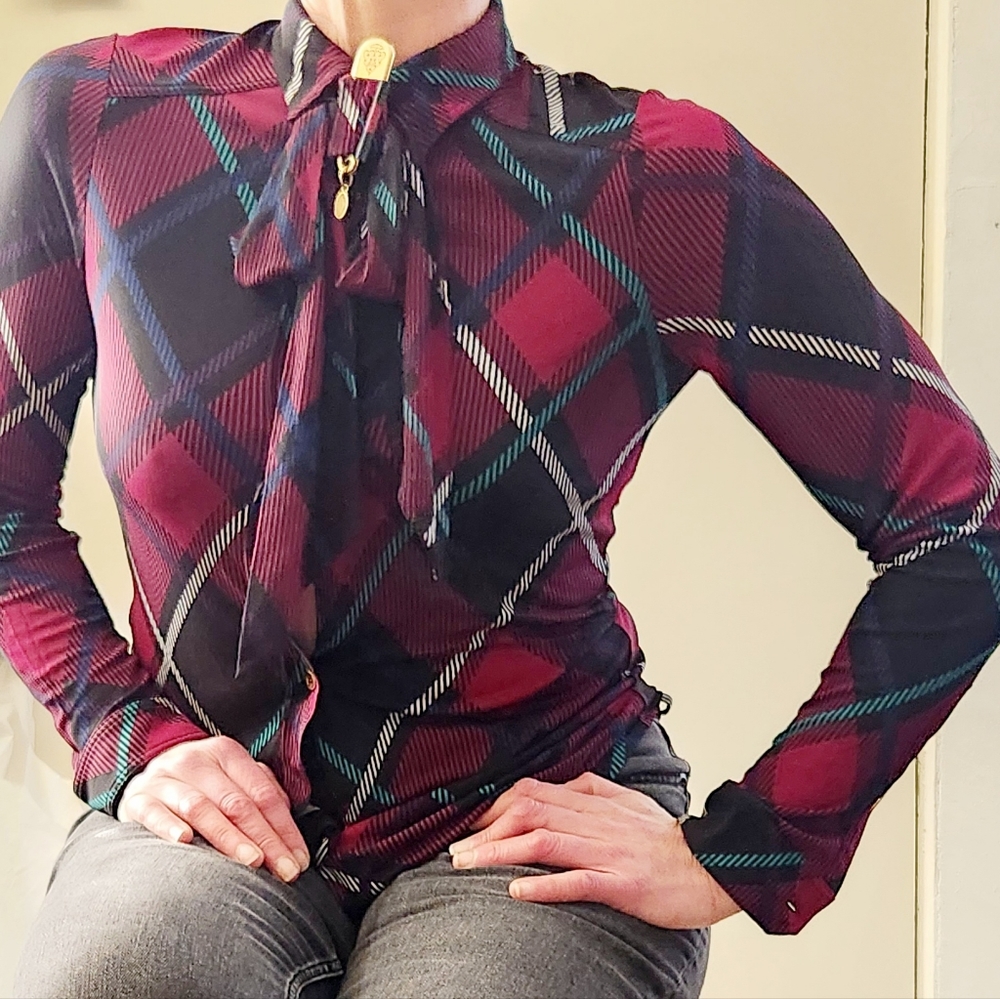Gucci Stretch Plaid Button Down W/ Bow & Gold Logo Buttons & Safety Pin. Size M